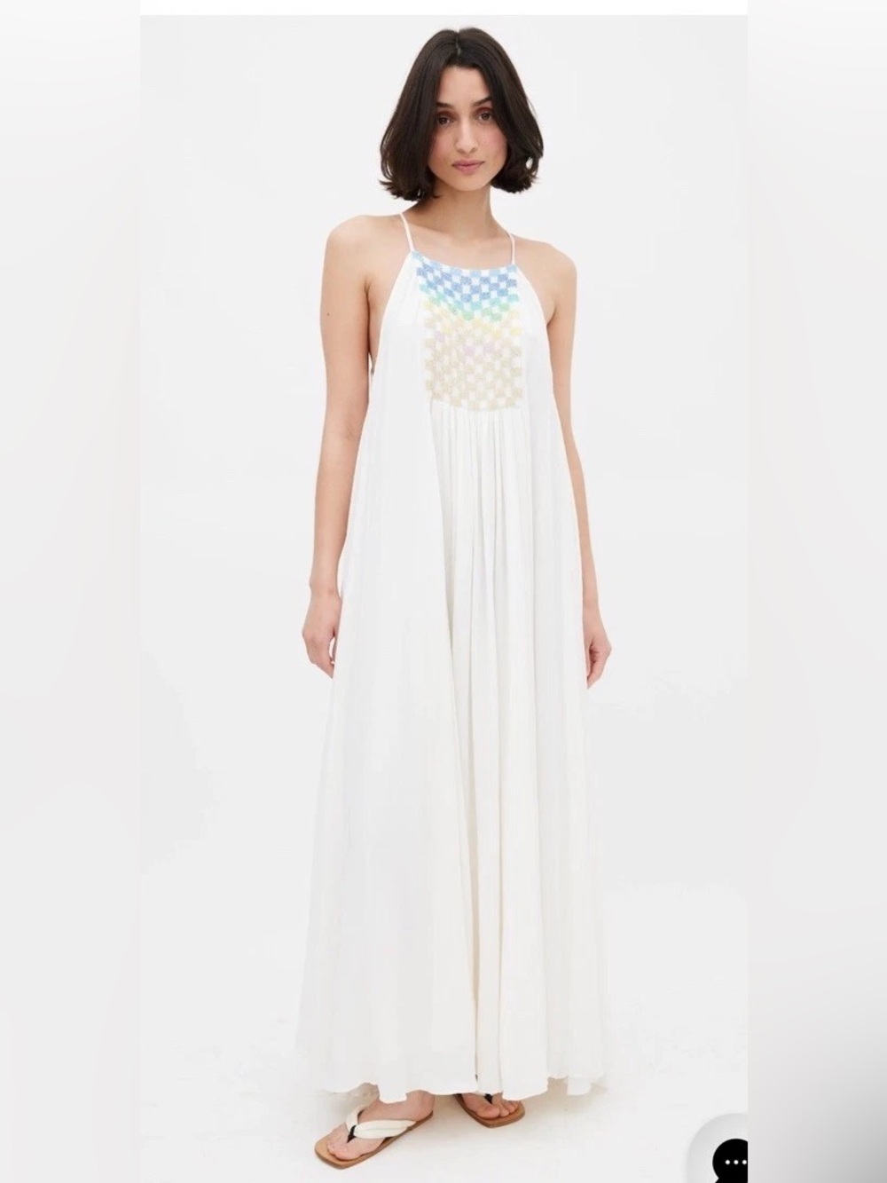 Mara Hoffman White Multicolor Beaded Top Trapeze Flowy Maxi Dress Size Large